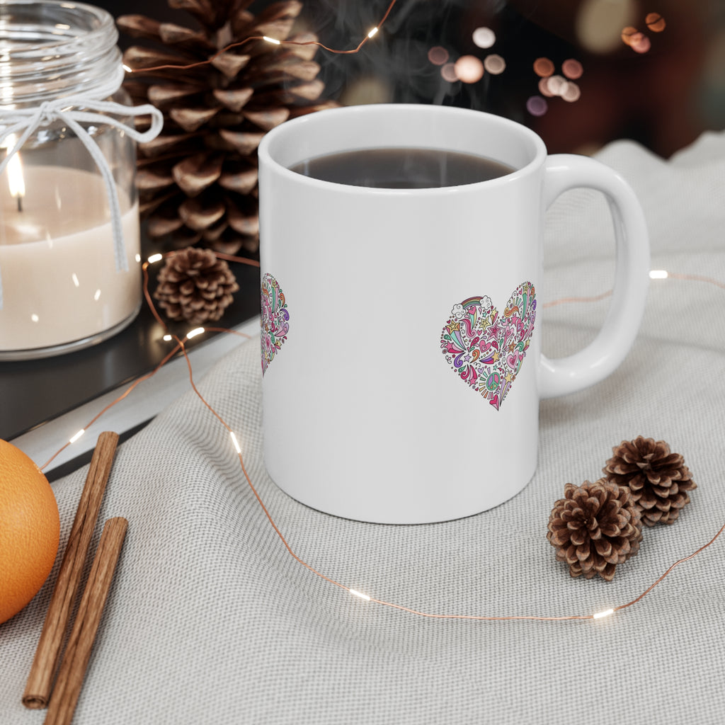 Floral Heart Ceramic Mug — 11oz Decorative Tea & Coffee Cup
