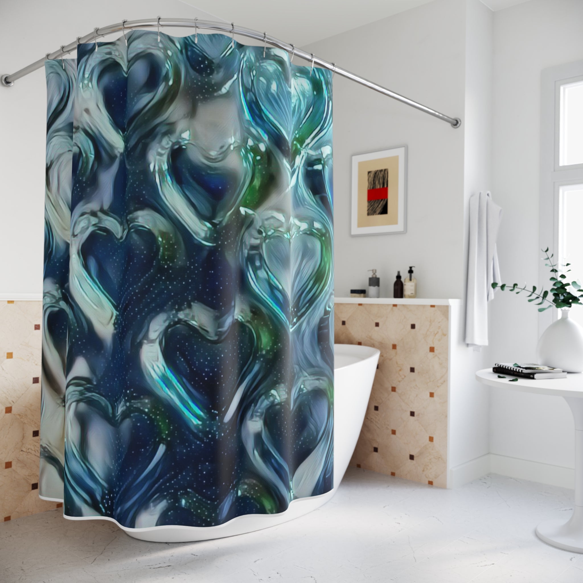 Blue Glass Heart Shower Curtain — Oceanic Romantic Bathroom Decor