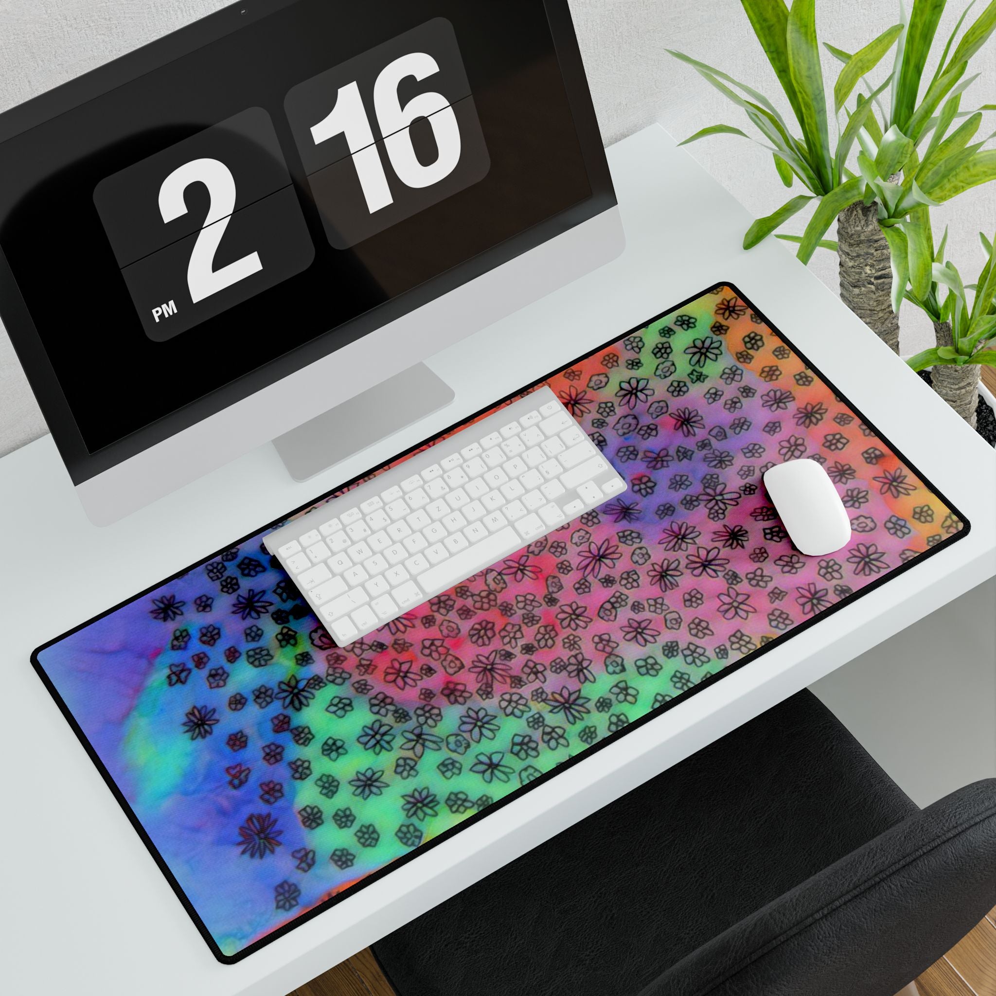 Rainbow Floral Desk Mat — Colorful Tie-Dye Mouse Pad Desk Mat