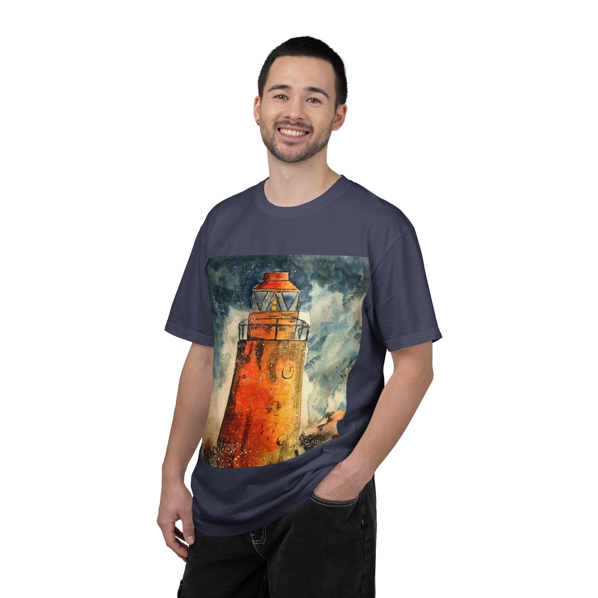 Orange Lighthouse Watercolor T-shirt | Nautical Coastal Art Tee | Beach Lover Gift